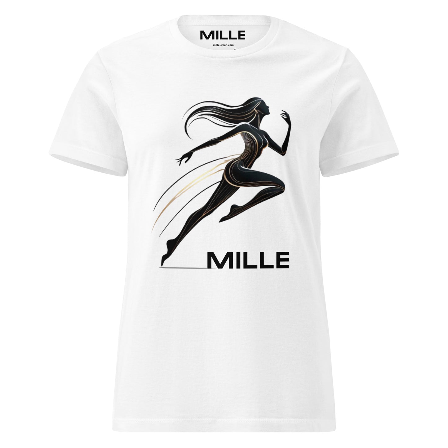 Camiseta MILLE Ascend de color blanca para mujer con diseño gráfico de figura femenina corriendo y logo MILLE. Vista frontal.