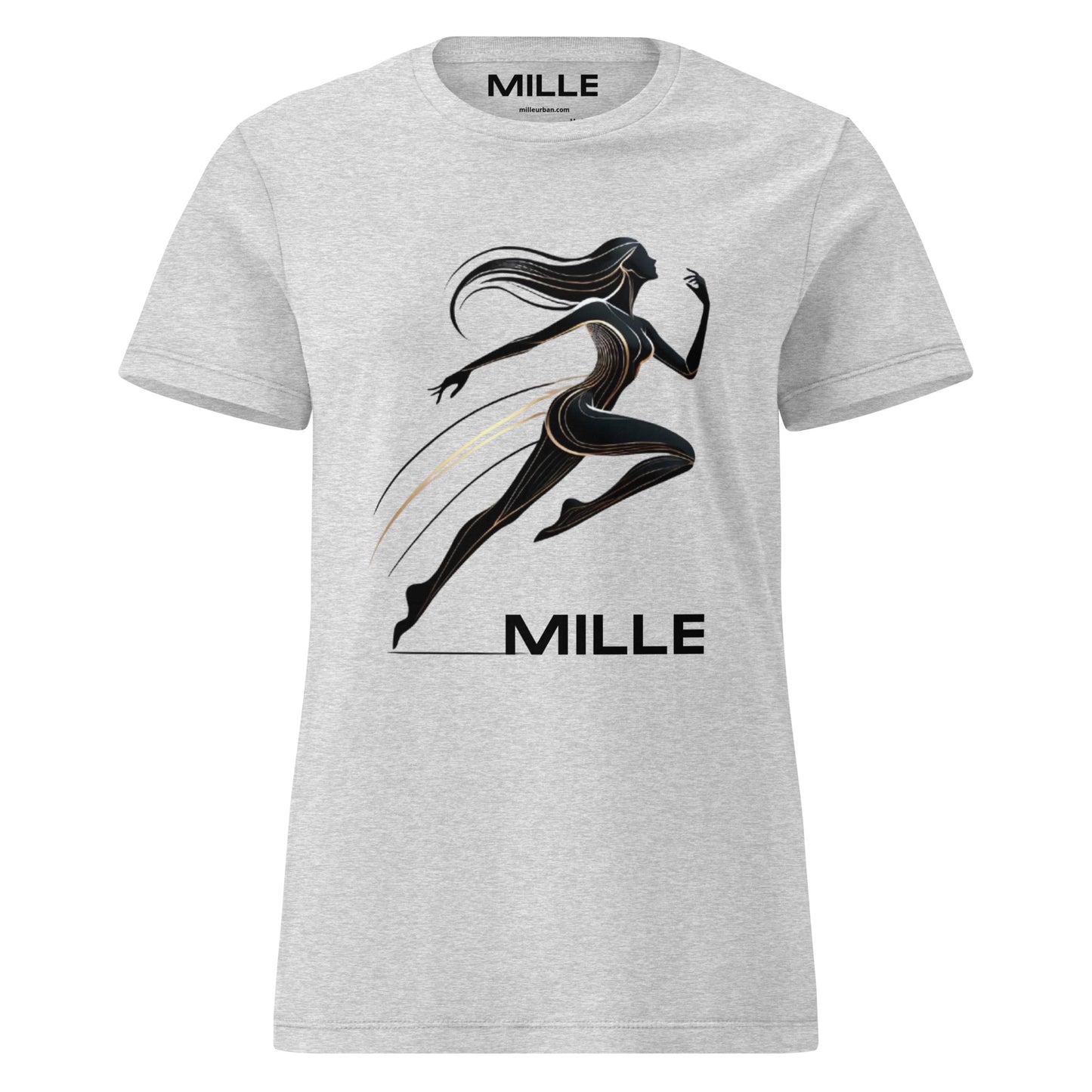 Camiseta MILLE Ascend de color gris sport para mujer con diseño gráfico de figura femenina corriendo y logo MILLE. Vista frontal.