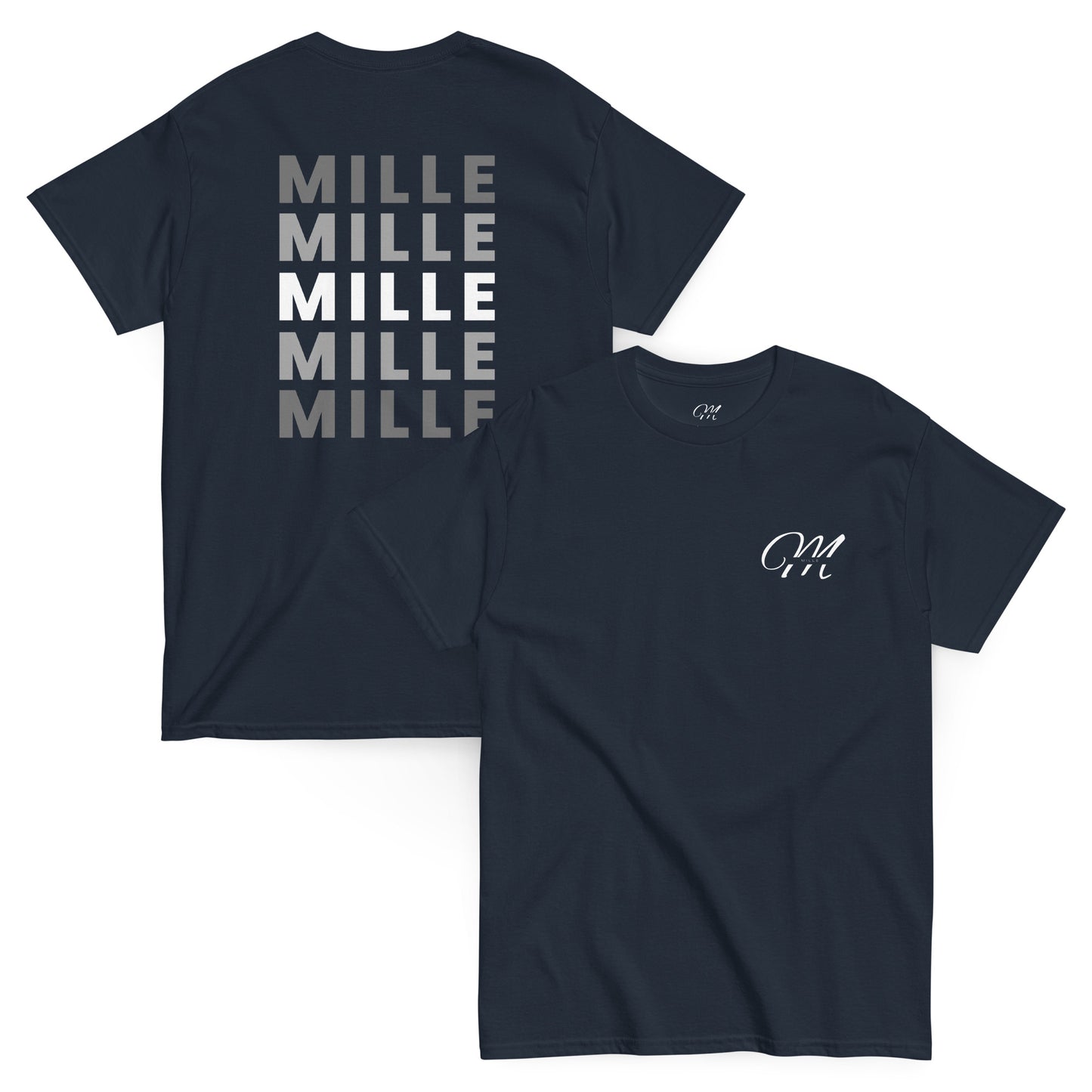 Dos camisetas MILLE Esencia Clásica de color marino, una con vista frontal del logo MILLE y otra con vista trasera del texto MILLE repetido, en una composición angulada.