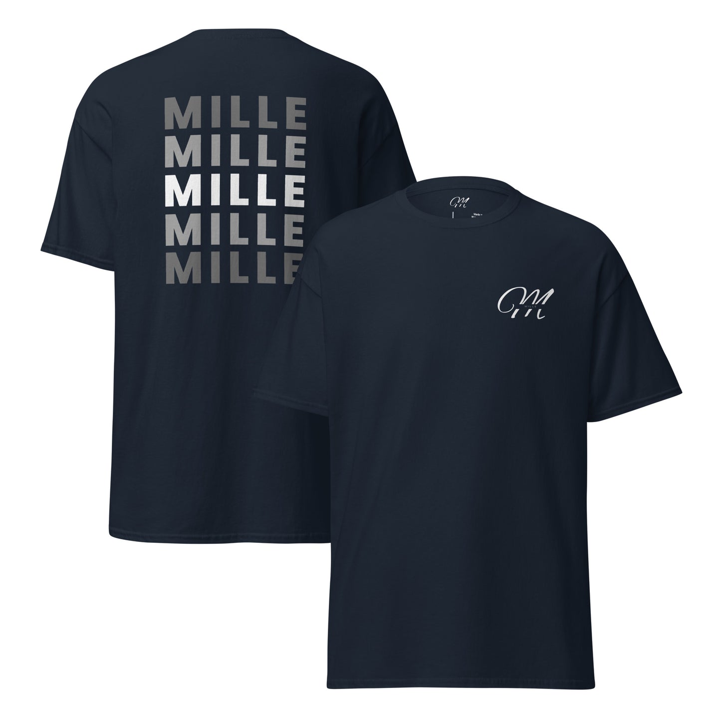 Dos camisetas MILLE Esencia Clásica de color marino, una con vista frontal mostrando el logo MILLE y otra con vista trasera mostrando el texto MILLE repetido.