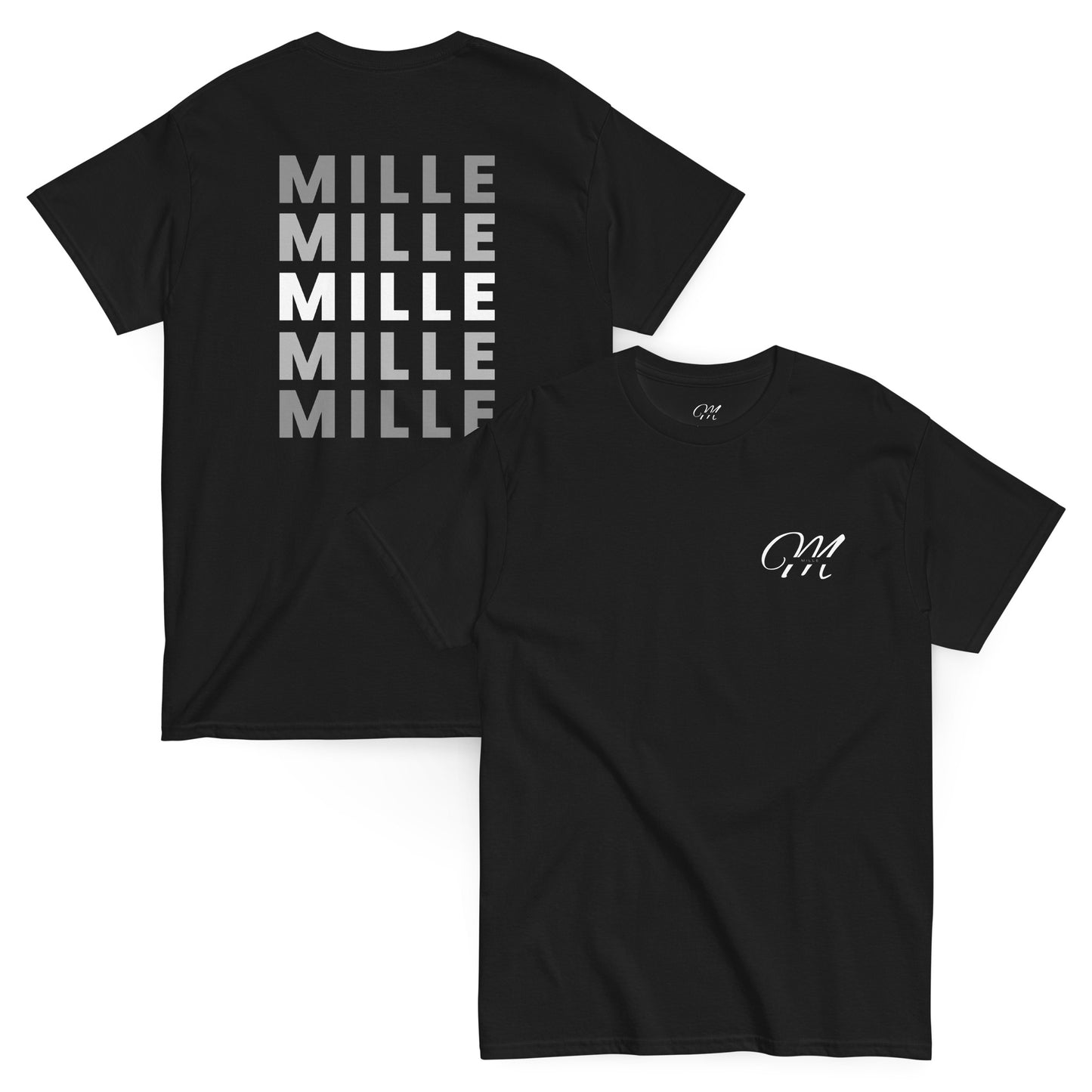 Dos camisetas MILLE Esencia Clásica de color negro, una con vista frontal del logo MILLE y otra con vista trasera del texto MILLE repetido, en una composición angulada.