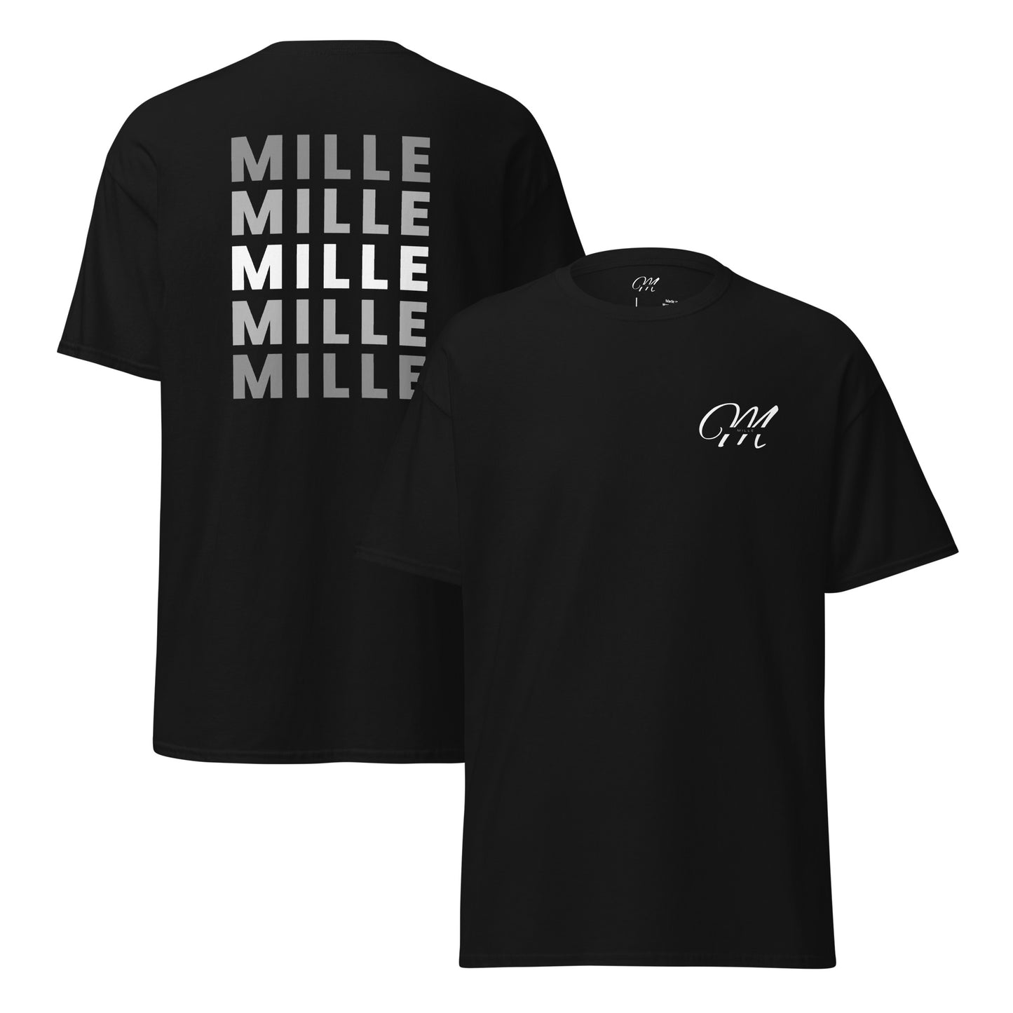 Dos camisetas MILLE Esencia Clásica de color negro, una con vista frontal mostrando el logo MILLE y otra con vista trasera mostrando el texto MILLE repetido.
