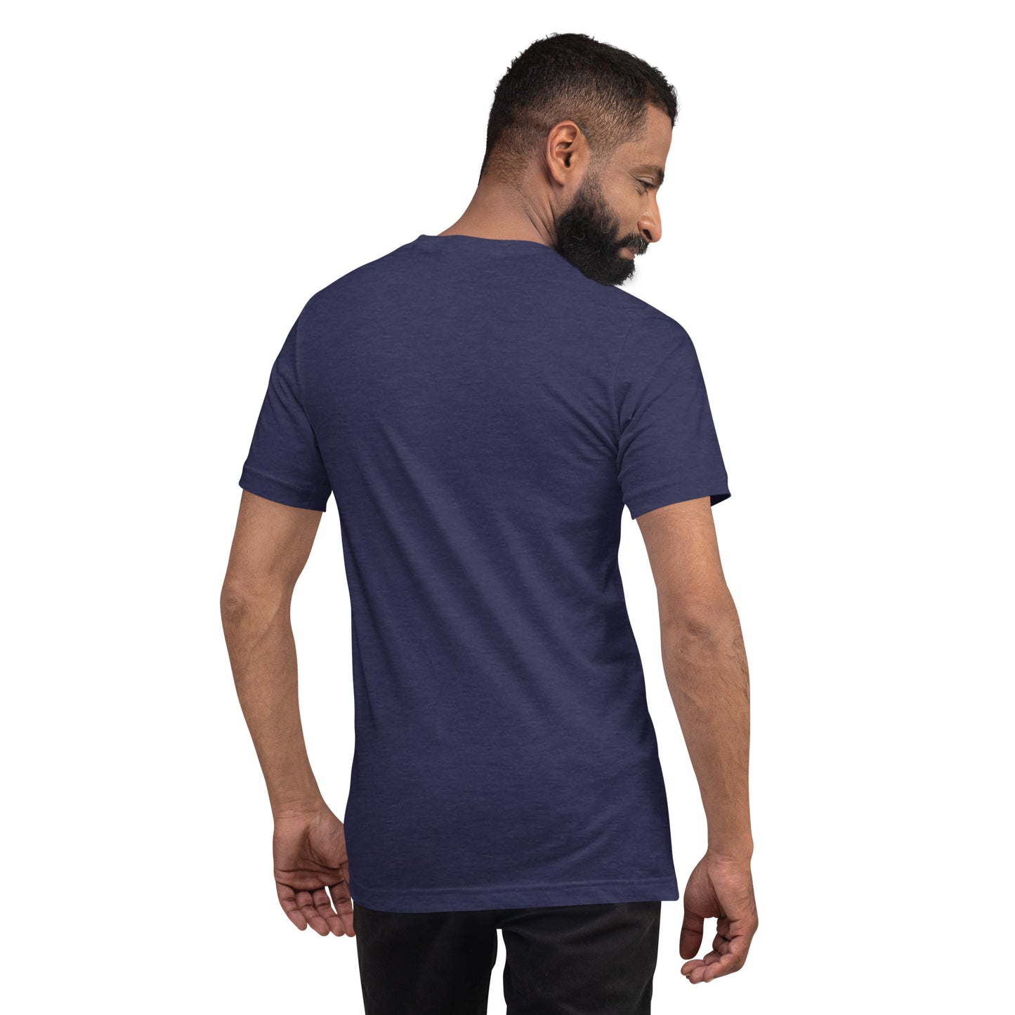 Camiseta MILLE Pillar de color gris jaspeado (Heather Navy). Vista trasera en modelo masculino.