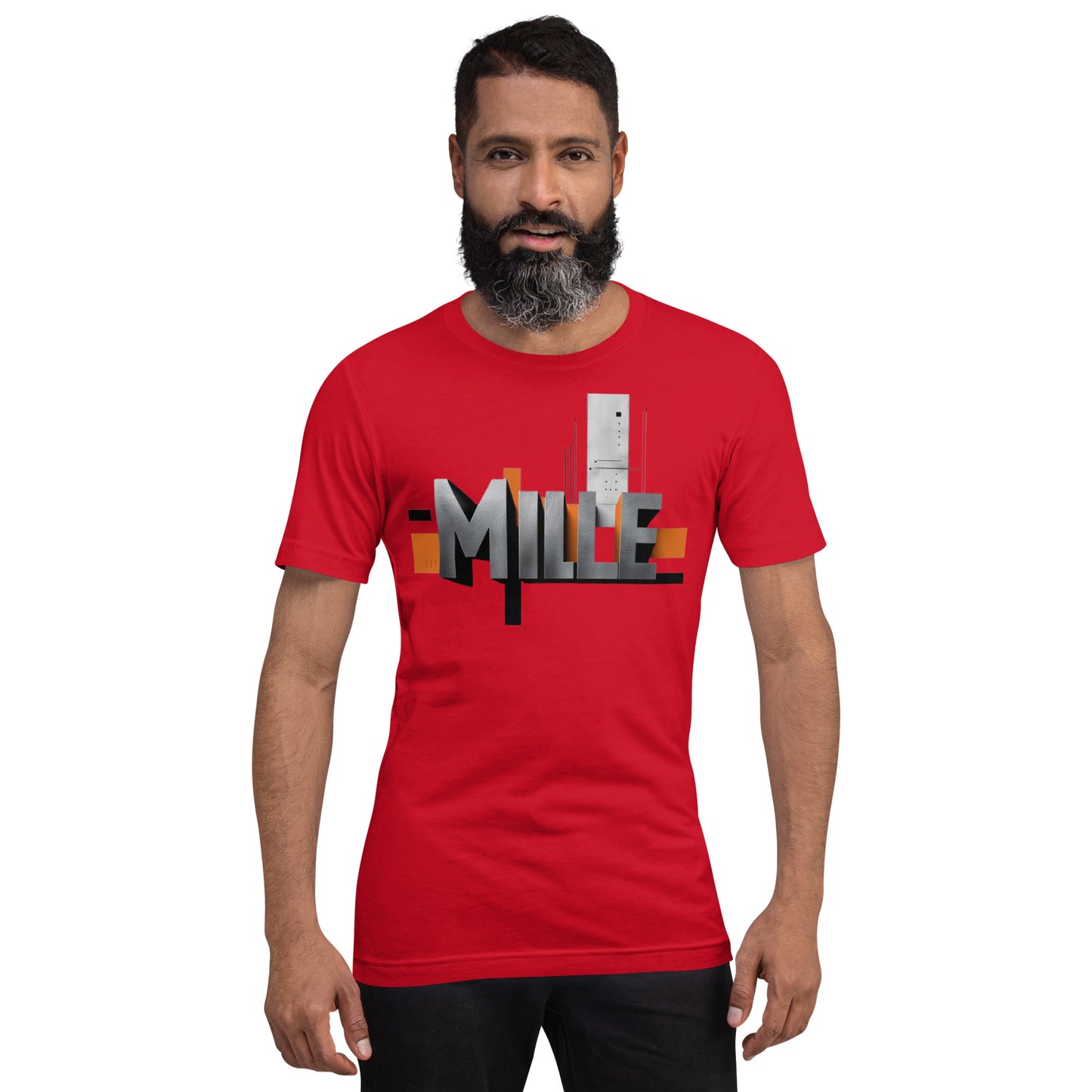Camiseta MILLE Pillar de color rojo con logo MILLE grande y vertical en el pecho. Vista frontal en modelo.