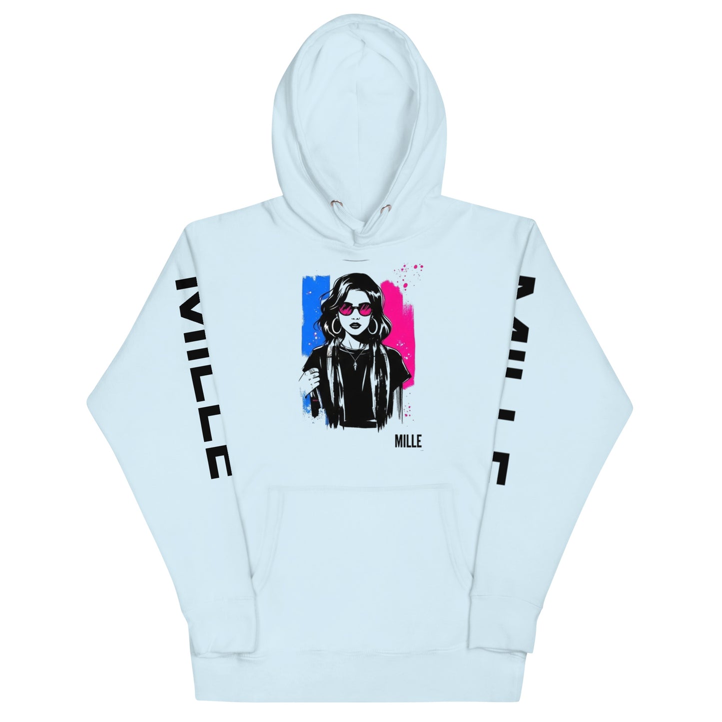 Sudadera con capucha MILLE ECO de color azul cielo con diseño de artista en el pecho y logos en las mangas. Vista frontal del producto.
