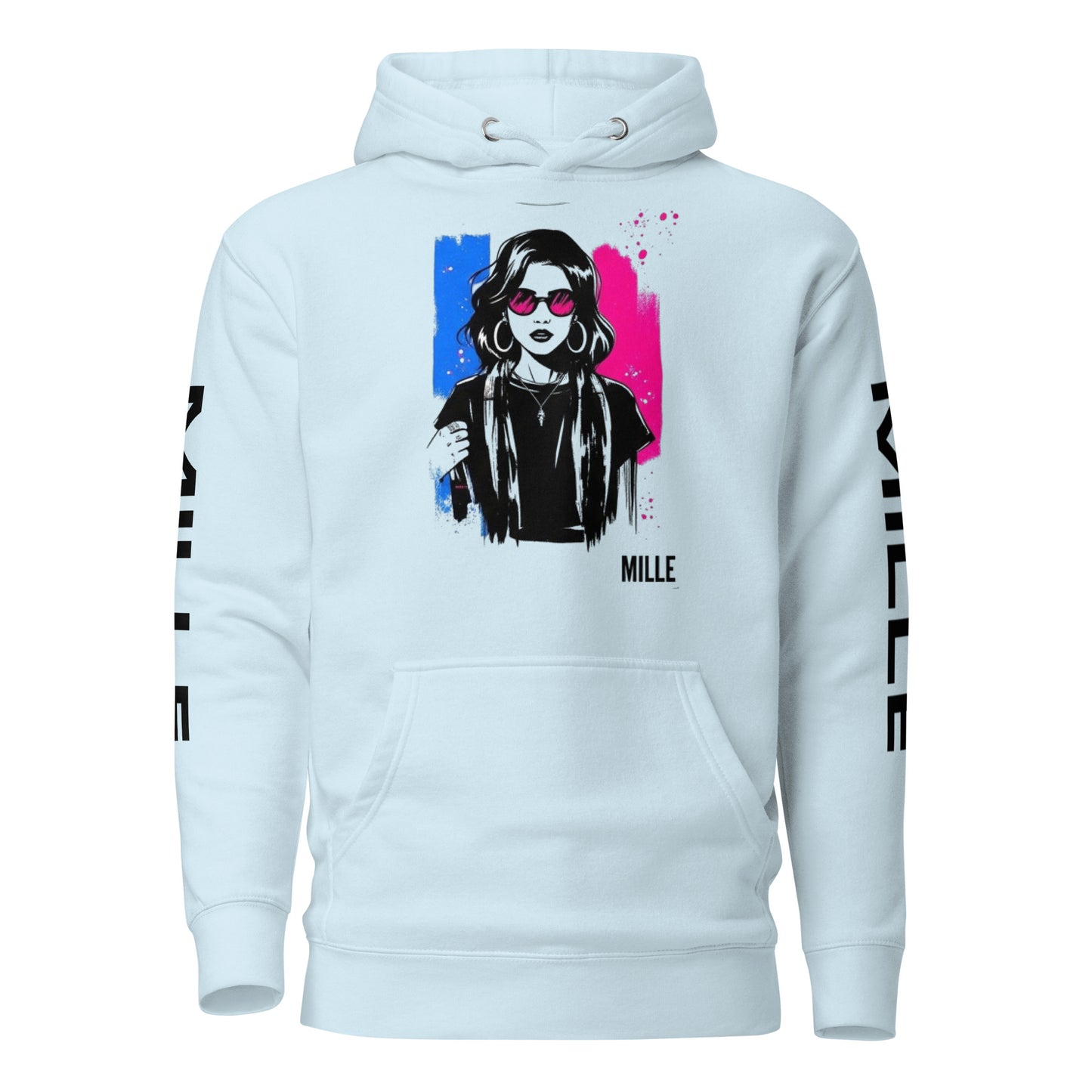 Sudadera con capucha MILLE ECO de color azul cielo con diseño de artista en el pecho y logos en las mangas. Vista frontal.