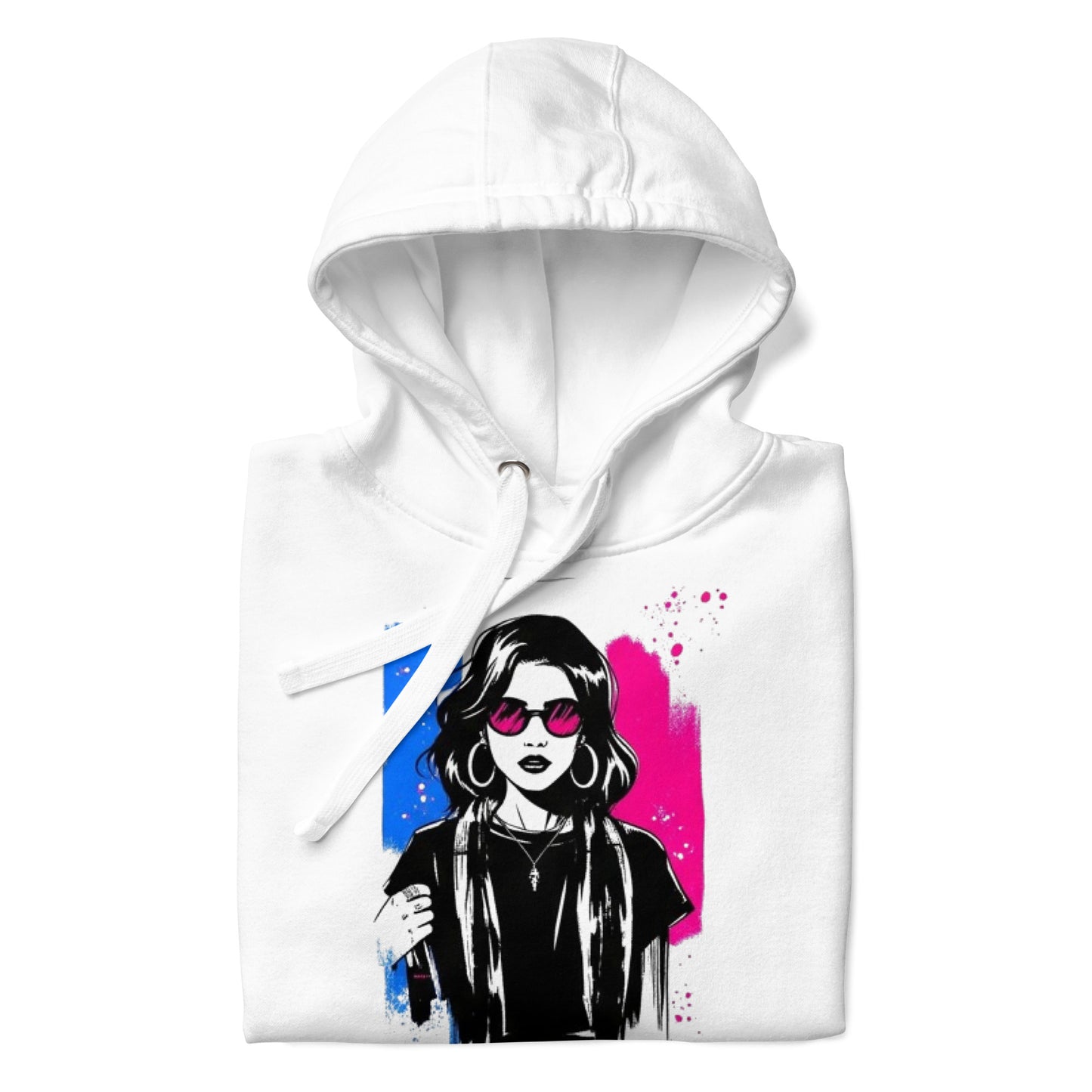 Sudadera con capucha MILLE ECO de color blanco con diseño de artista en el pecho. Sudadera doblada.