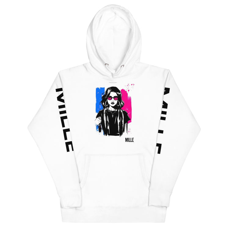 Sudadera con capucha MILLE ECO de color blanco con diseño de artista en el pecho y logos en las mangas. Vista frontal del producto.