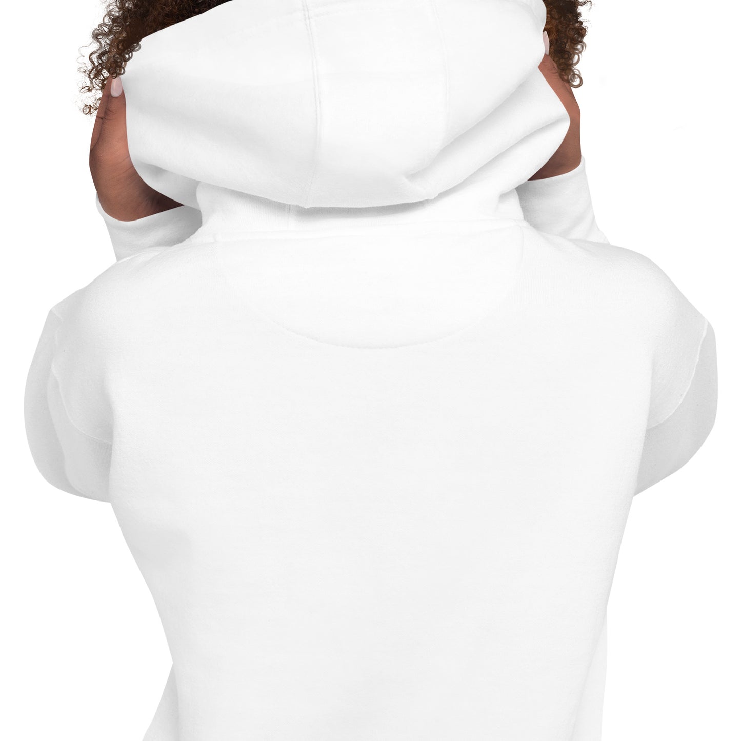 Sudadera con capucha MILLE ECO de color blanco. Detalle de la espalda y la capucha con modelo.