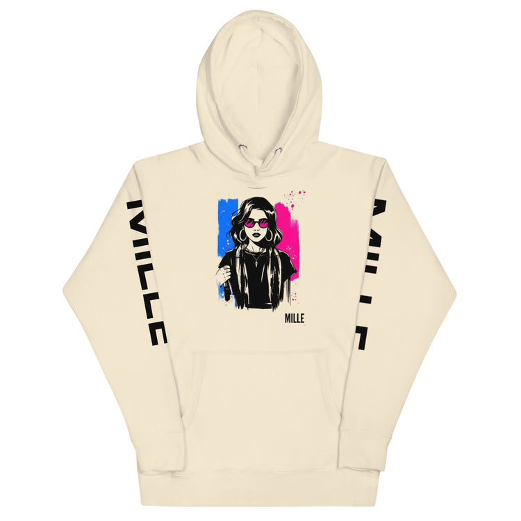 Sudadera con capucha MILLE ECO de color hueso con diseño de artista en el pecho y logos en las mangas. Vista frontal del producto.