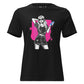 Camiseta MILLE Ink Riot de color negro con diseño de chica urbana sobre mancha de tinta fucsia. Vista frontal del producto.