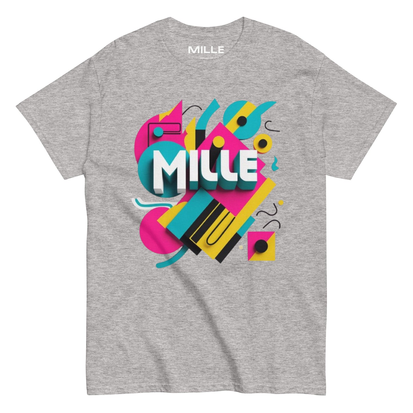 Camiseta MILLE ARCADE Tee de color gris sport con diseño gráfico vibrante. Vista frontal de la prenda.