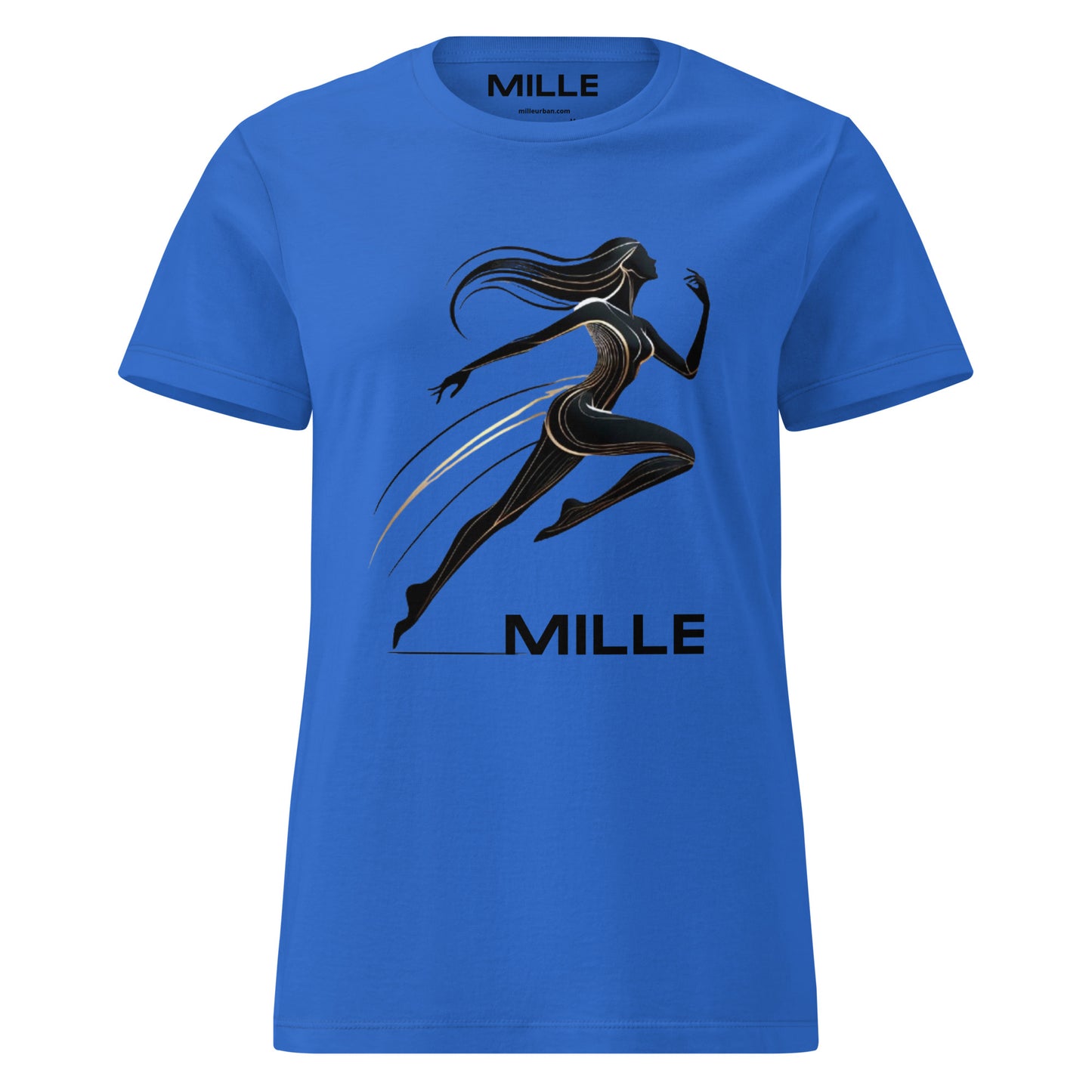 Camiseta MILLE Ascend de color azul royal para mujer con diseño gráfico de figura femenina corriendo y logo MILLE. Vista frontal.