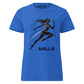 Camiseta MILLE Ascend de color azul royal para mujer con diseño gráfico de figura femenina corriendo y logo MILLE. Vista frontal.