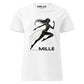 Camiseta MILLE Ascend de color blanca para mujer con diseño gráfico de figura femenina corriendo y logo MILLE. Vista frontal.