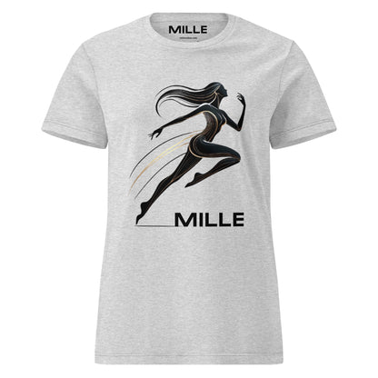 Camiseta MILLE Ascend de color gris sport para mujer con diseño gráfico de figura femenina corriendo y logo MILLE. Vista frontal.