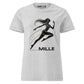 Camiseta MILLE Ascend de color gris sport para mujer con diseño gráfico de figura femenina corriendo y logo MILLE. Vista frontal.