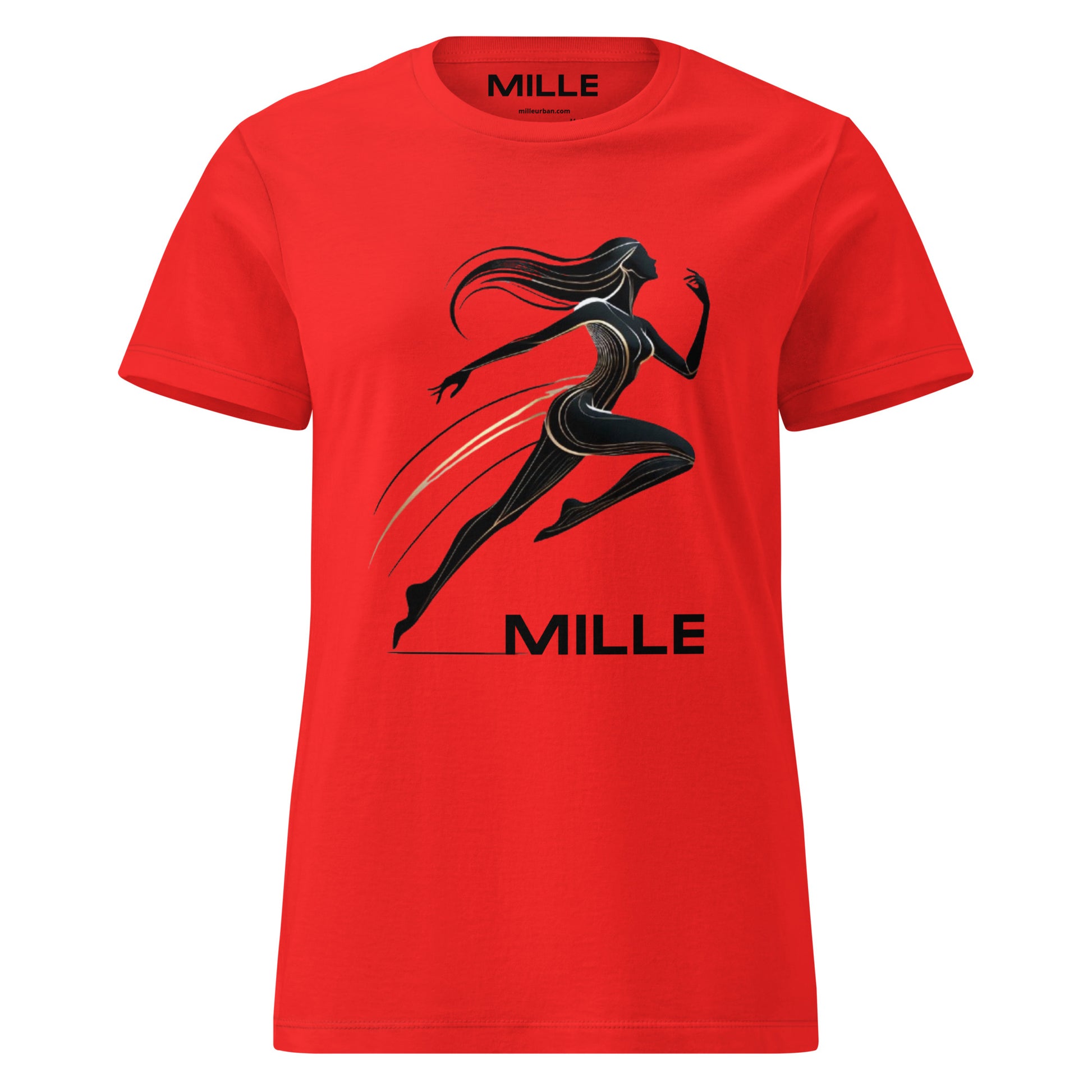 Camiseta MILLE Ascend de color rojo para mujer con diseño gráfico de figura femenina corriendo y logo MILLE. Vista frontal.