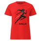 Camiseta MILLE Ascend de color rojo para mujer con diseño gráfico de figura femenina corriendo y logo MILLE. Vista frontal.