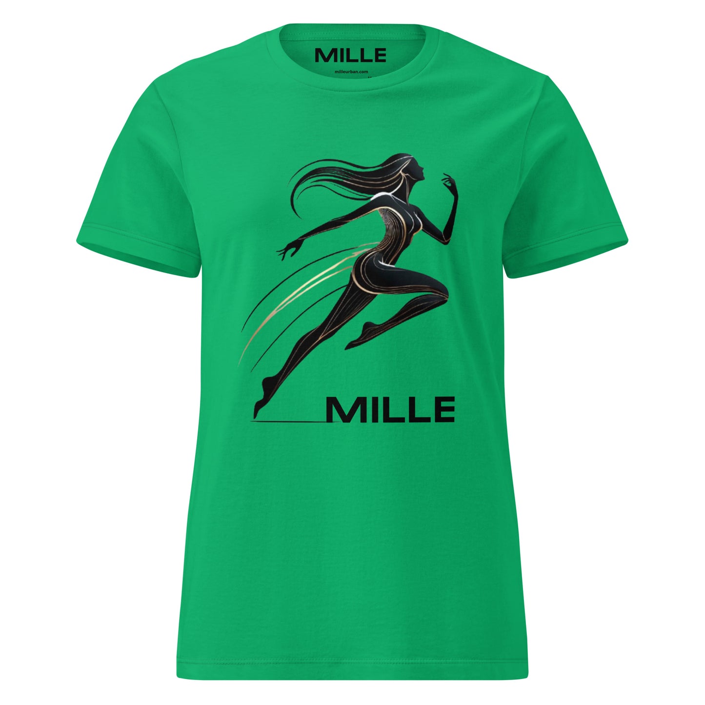 Camiseta MILLE Ascend de color verde para mujer con diseño gráfico de figura femenina corriendo y logo MILLE. Vista frontal.