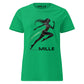 Camiseta MILLE Ascend de color verde para mujer con diseño gráfico de figura femenina corriendo y logo MILLE. Vista frontal.