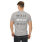 Camiseta MILLE Esencia Clásica de color gris sport con diseño de texto MILLE repetido en gris en la espalda. Vista trasera de modelo.
