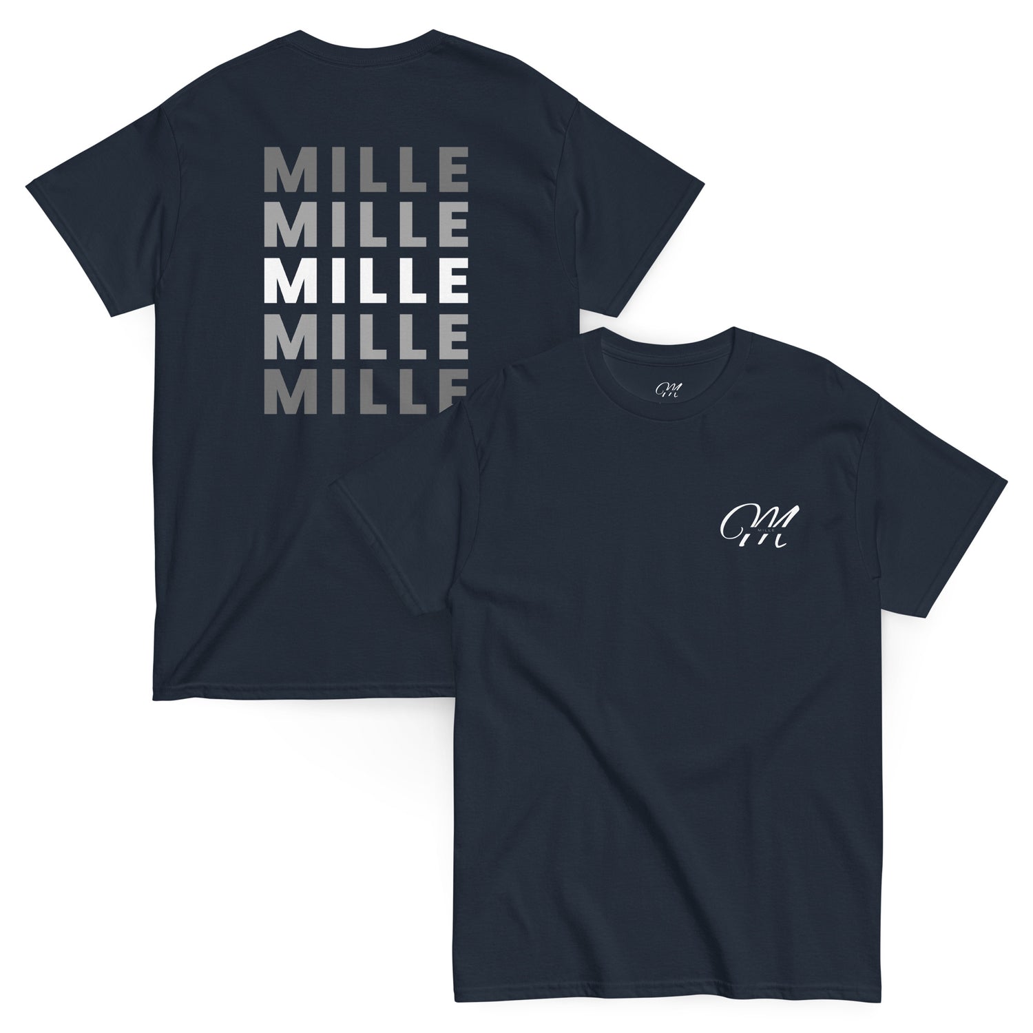 Dos camisetas MILLE Esencia Clásica de color marino, una con vista frontal del logo MILLE y otra con vista trasera del texto MILLE repetido, en una composición angulada.