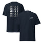 Dos camisetas MILLE Esencia Clásica de color marino, una con vista frontal mostrando el logo MILLE y otra con vista trasera mostrando el texto MILLE repetido.