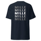 Camiseta MILLE Esencia Clásica de color marino, vista trasera cercana mostrando el diseño de texto MILLE repetido en gris.