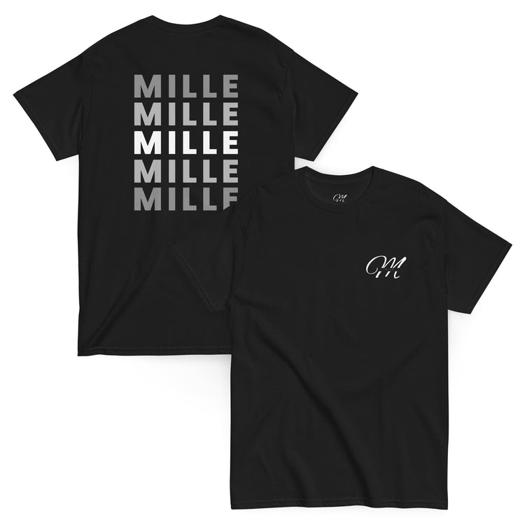 Dos camisetas MILLE Esencia Clásica de color negro, una con vista frontal del logo MILLE y otra con vista trasera del texto MILLE repetido, en una composición angulada.