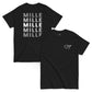 Dos camisetas MILLE Esencia Clásica de color negro, una con vista frontal del logo MILLE y otra con vista trasera del texto MILLE repetido, en una composición angulada.