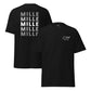 Dos camisetas MILLE Esencia Clásica de color negro, una con vista frontal mostrando el logo MILLE y otra con vista trasera mostrando el texto MILLE repetido.