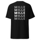 Camiseta MILLE Esencia Clásica de color negro, vista trasera cercana mostrando el diseño de texto MILLE repetido en gris.