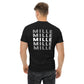 Camiseta MILLE Esencia Clásica de color negro con diseño de texto MILLE repetido en gris en la espalda. Vista trasera de modelo.