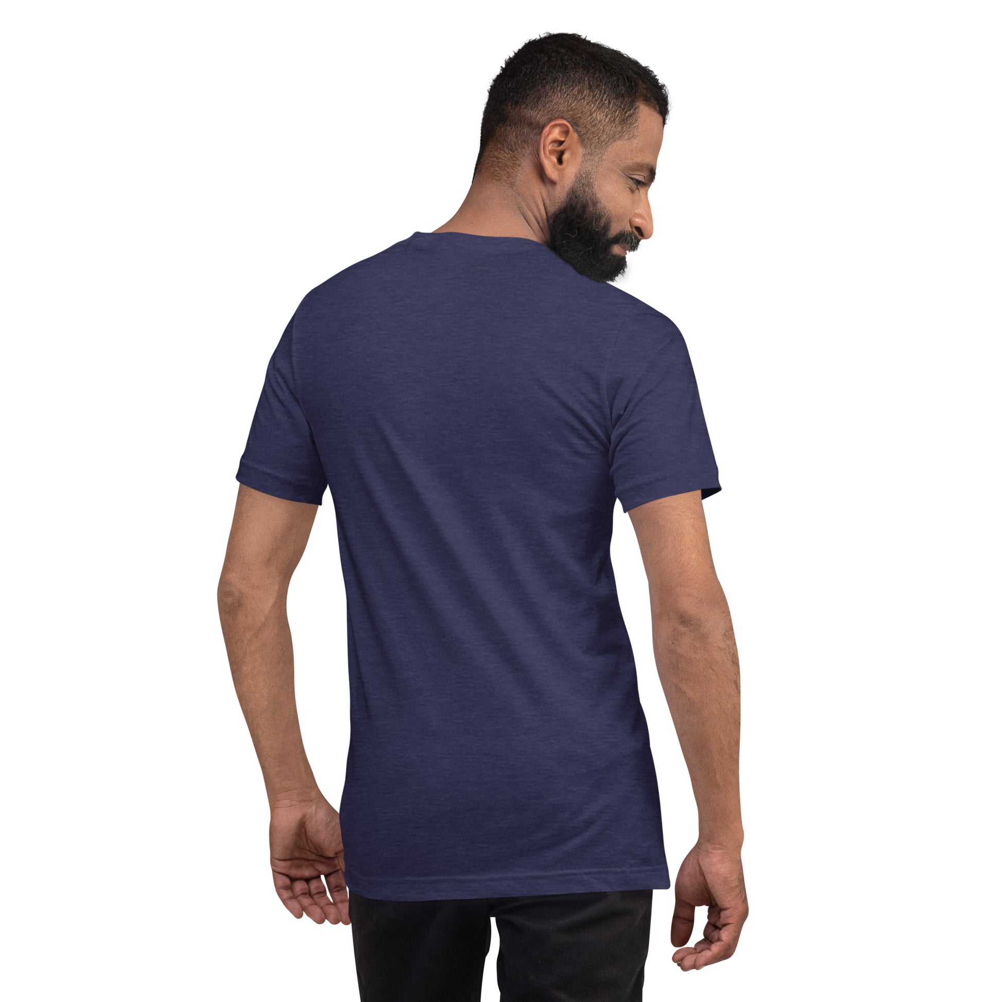Camiseta MILLE Pillar de color gris jaspeado (Heather Navy). Vista trasera en modelo masculino.
