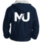 Chaqueta MILLE TEAM JACKET de color azul marino con el logo grande en la espalda y capucha con forro gris. Vista trasera del producto.