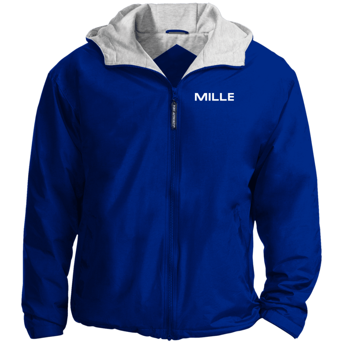 Chaqueta MILLE TEAM JACKET de color azul rey con logo MILLE en el pecho y capucha con forro gris. Vista frontal del producto.