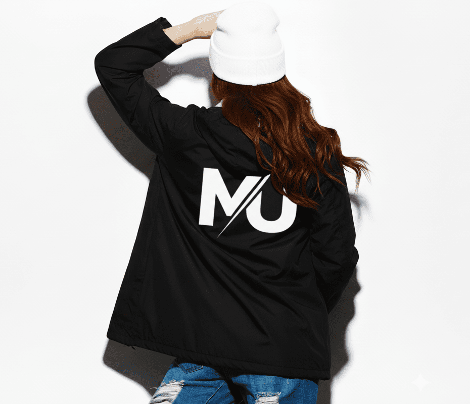 Chaqueta MILLE TEAM JACKET de color negro con logo grande en la espalda. Vista de espaldas de una modelo con gorro blanco vistiendo la chaqueta.