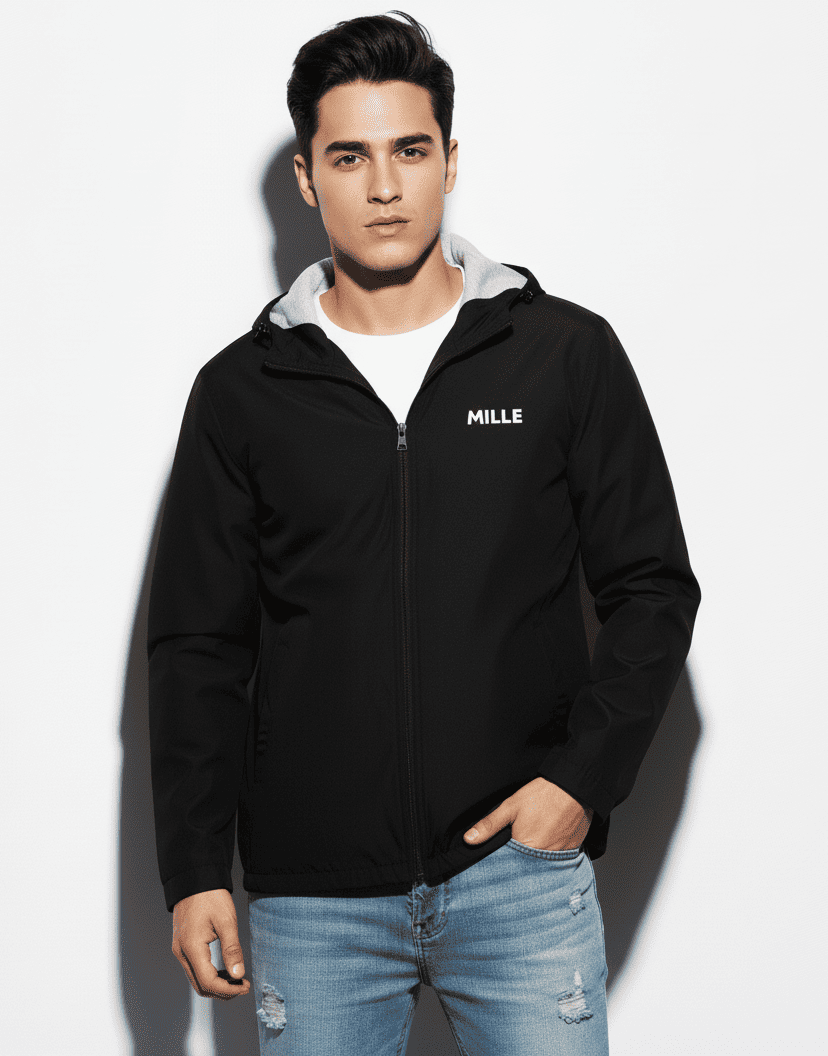 Chaqueta MILLE TEAM JACKET de color negro con logo en el pecho y capucha con forro gris. Vista frontal de un modelo vistiendo la chaqueta con vaqueros.