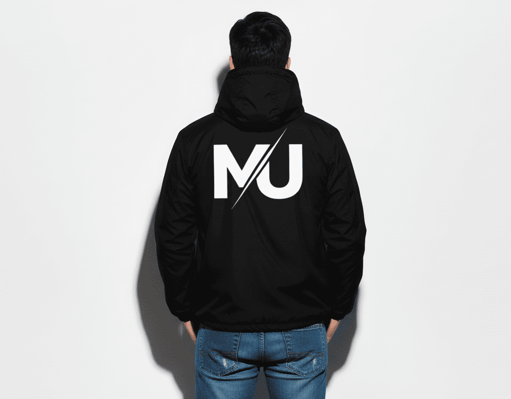 Chaqueta MILLE TEAM JACKET de color negro con logo grande en la espalda. Vista de espaldas de un modelo con la capucha puesta.