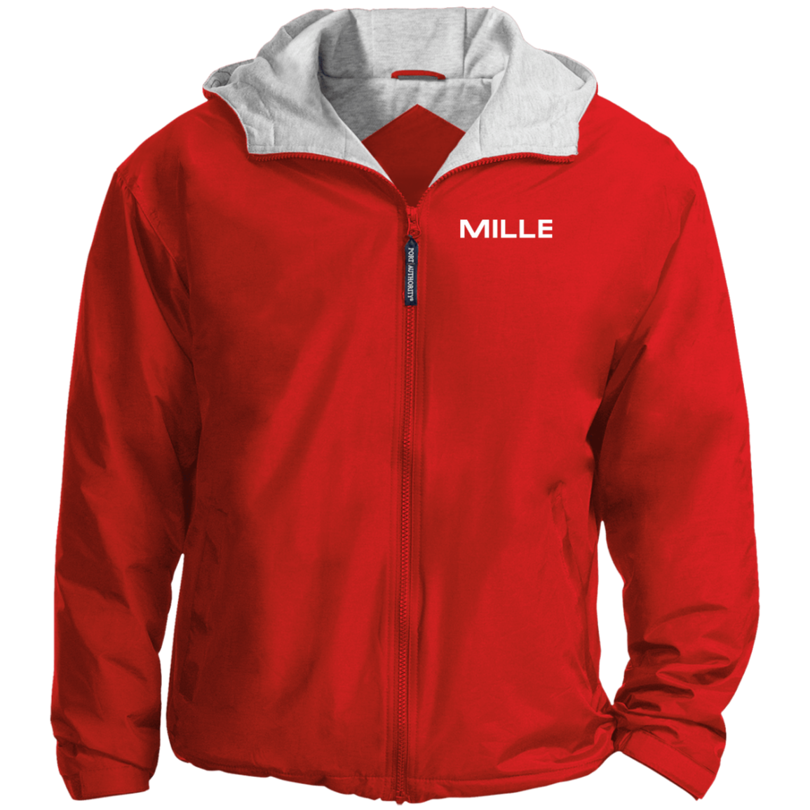 Chaqueta MILLE TEAM JACKET de color rojo con logo MILLE en el pecho y capucha con forro gris. Vista frontal del producto.