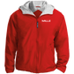 Chaqueta MILLE TEAM JACKET de color rojo con logo MILLE en el pecho y capucha con forro gris. Vista frontal del producto.