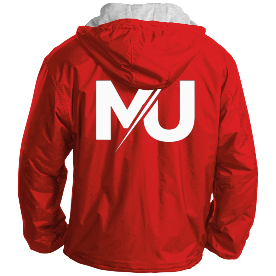 Chaqueta MILLE TEAM JACKET de color rojo con el logo grande en la espalda y capucha con forro gris. Vista trasera del producto.