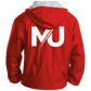 Chaqueta MILLE TEAM JACKET de color rojo con el logo grande en la espalda y capucha con forro gris. Vista trasera del producto.