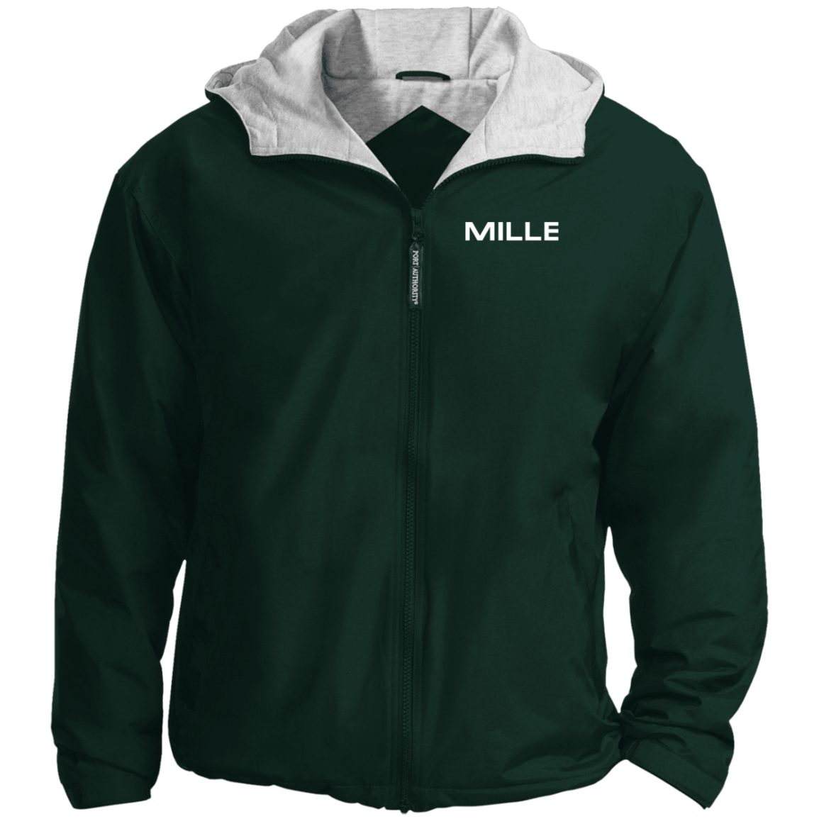 Chaqueta MILLE TEAM JACKET de color verde bosque con logo MILLE en el pecho y capucha con forro gris. Vista frontal del producto.