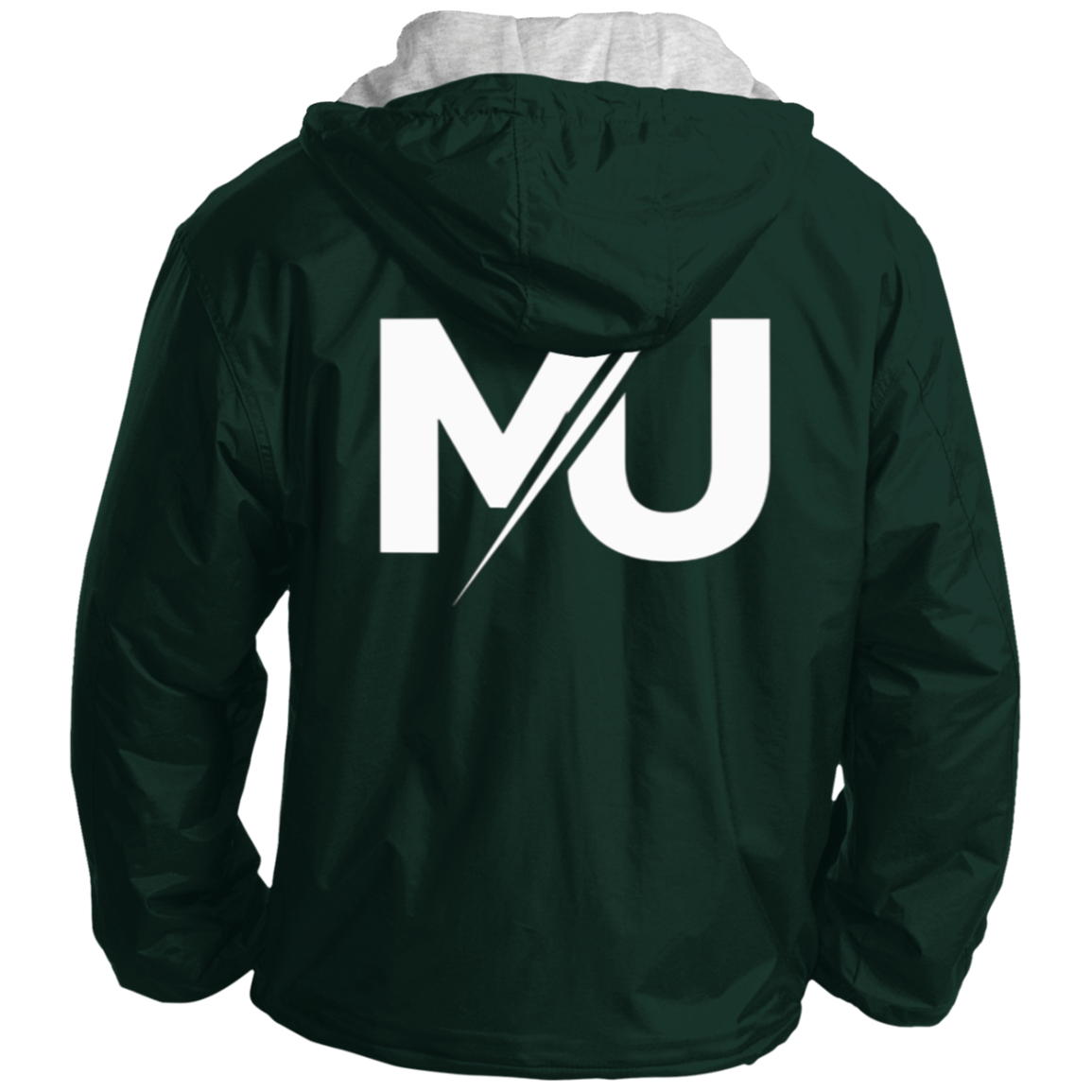 Chaqueta MILLE TEAM JACKET de color verde bosque con el logo grande en la espalda y capucha con forro gris. Vista trasera del producto.