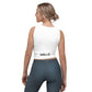 Crop top MILLE ICON de color blanco con el logo MILLE en la espalda. Vista trasera con modelo.