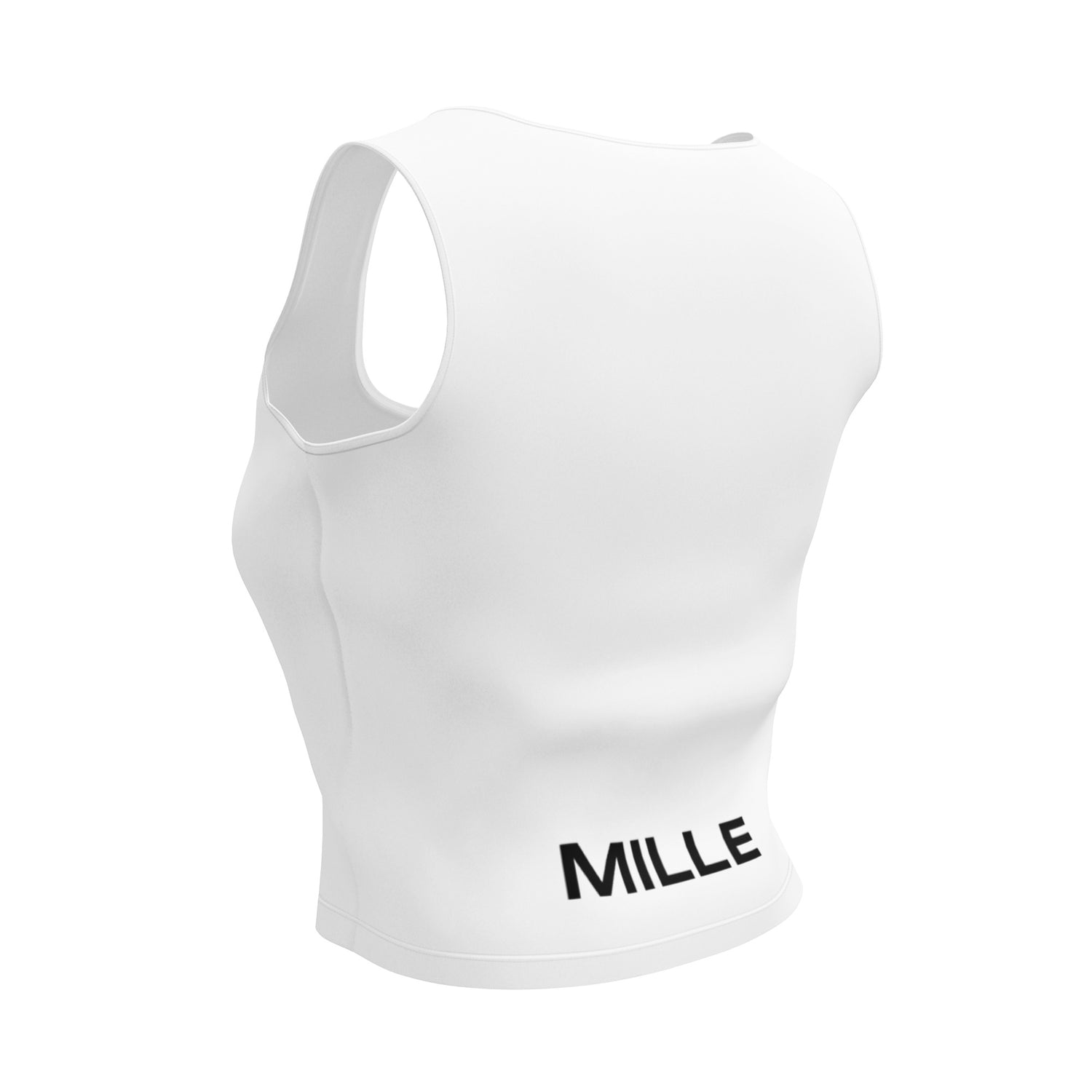 Crop top MILLE ICON de color blanco con el logo MILLE en la espalda. Vista trasera del producto.