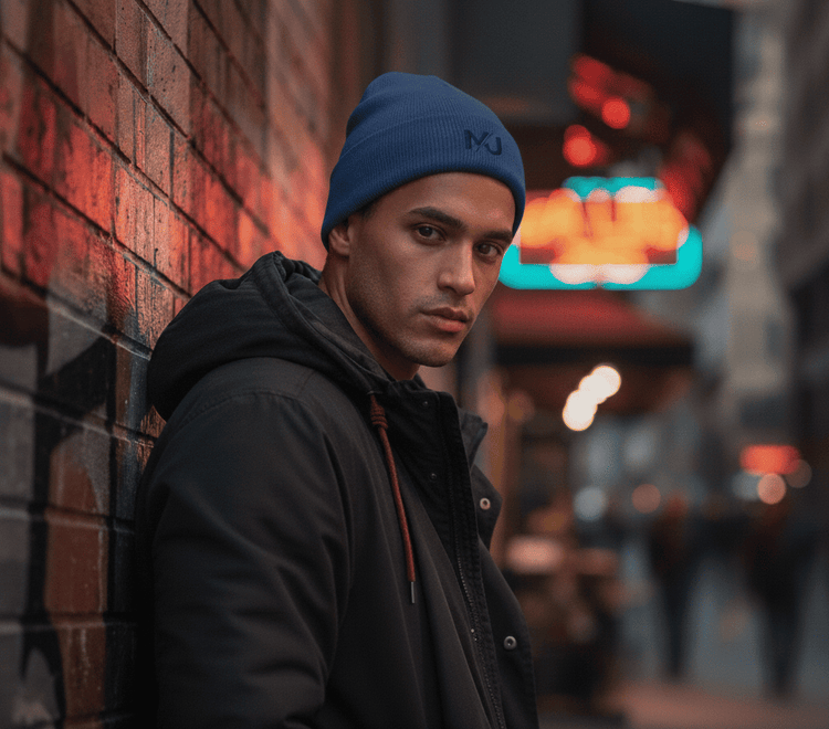 Gorro de punto MILLE DOCKER de color azul rey con logo. Un modelo vistiéndolo en una calle urbana por la noche.