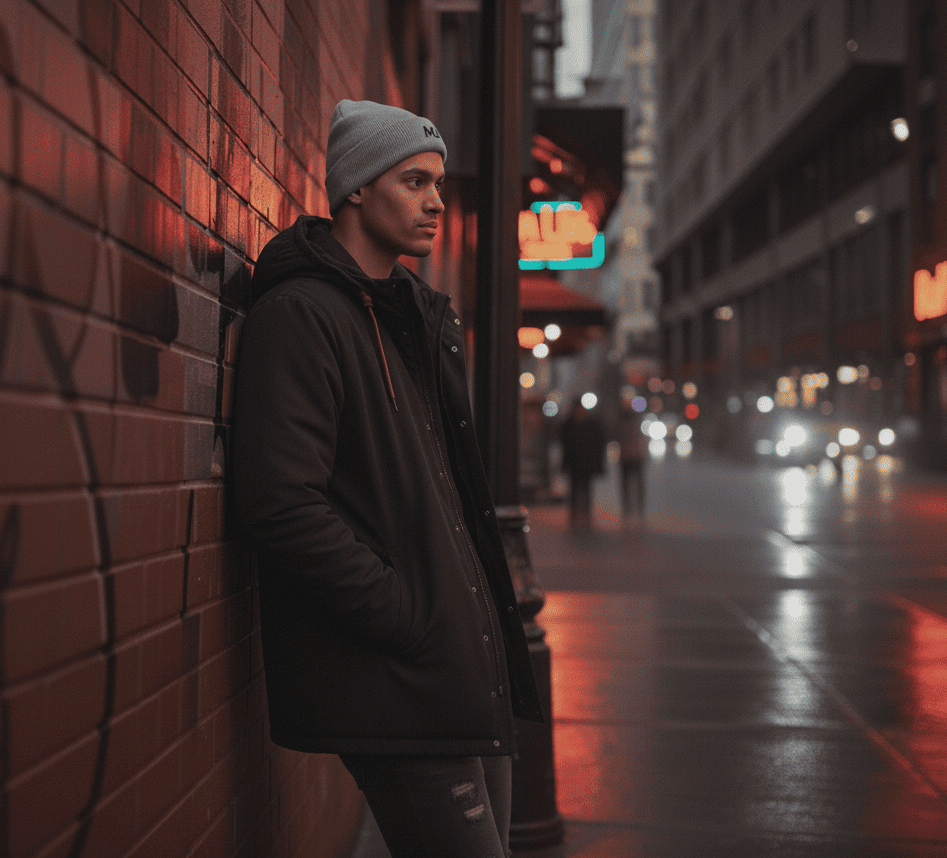 Gorro de punto MILLE DOCKER de color gris claro con logo. Un modelo vistiéndolo de perfil en una calle urbana por la noche.